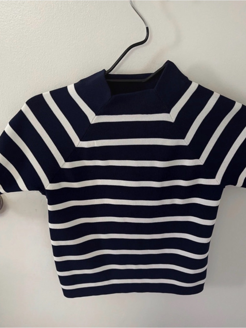 Lauren Ralph Lauren Navy and White Striped Short-Sleeve Mock Neck Top